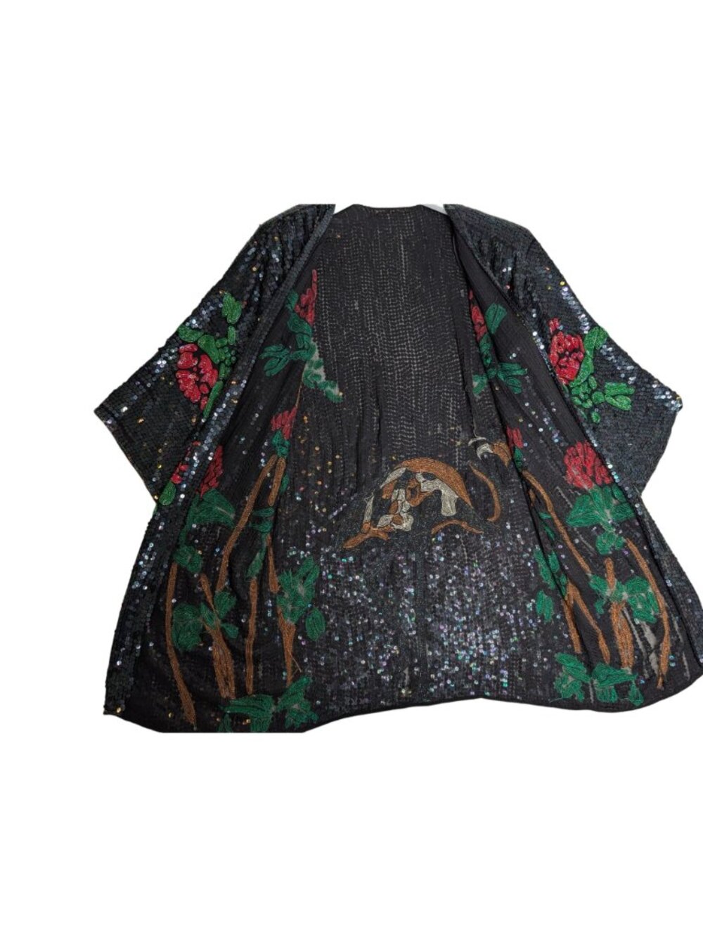 Vintage Black Sequin Kimono Floral & Flamingo Beaded Embroidery Open Front One S - Picture 8 of 15